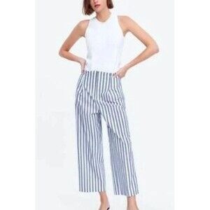Zara Striped Wide Leg Pants Womens XL Blue White Cropped Pleated High Rise
